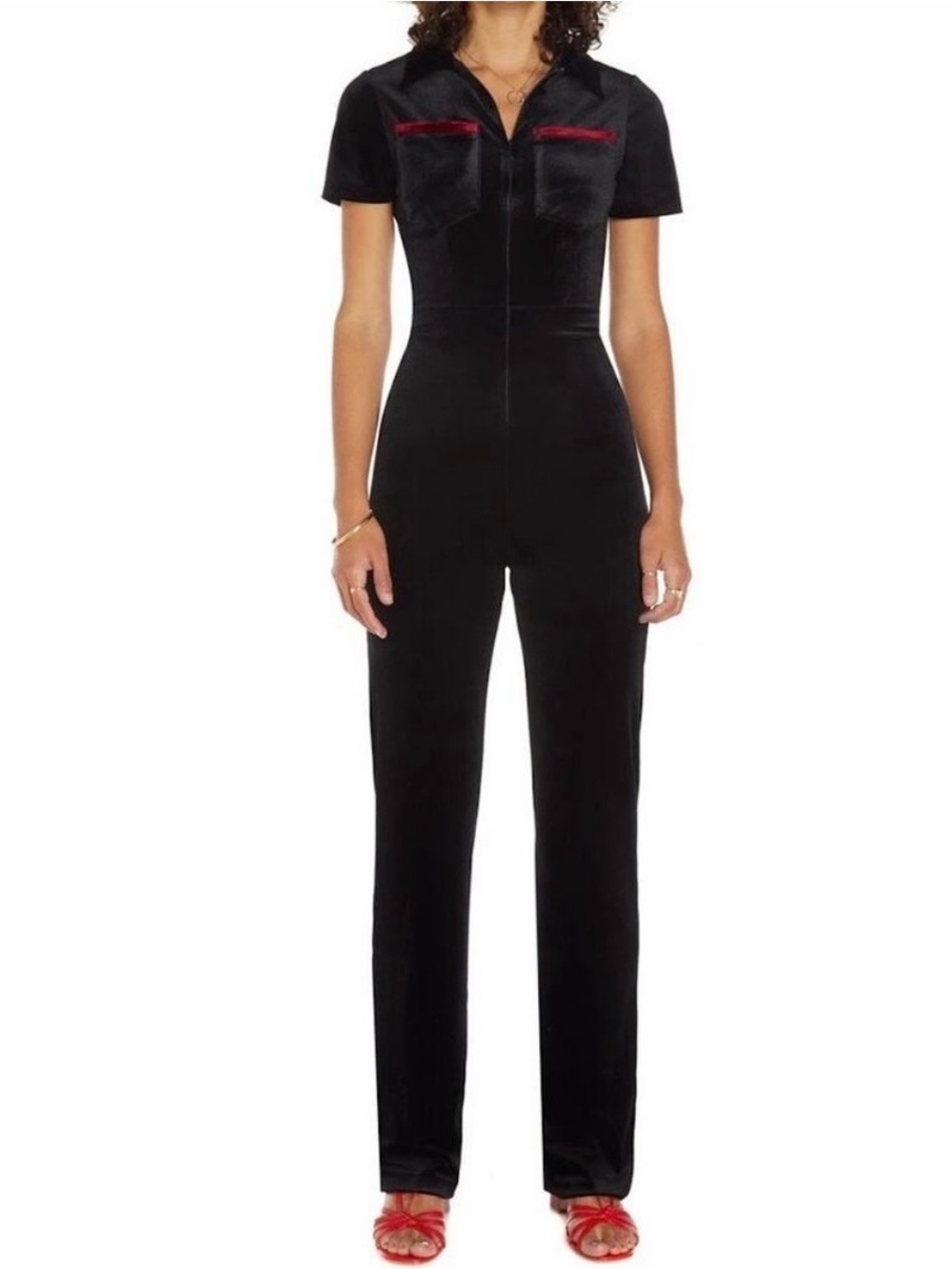 Peachy Den Kernel Velour Velvet Jumpsuit Black Red Short Sleeve Size XS NWT